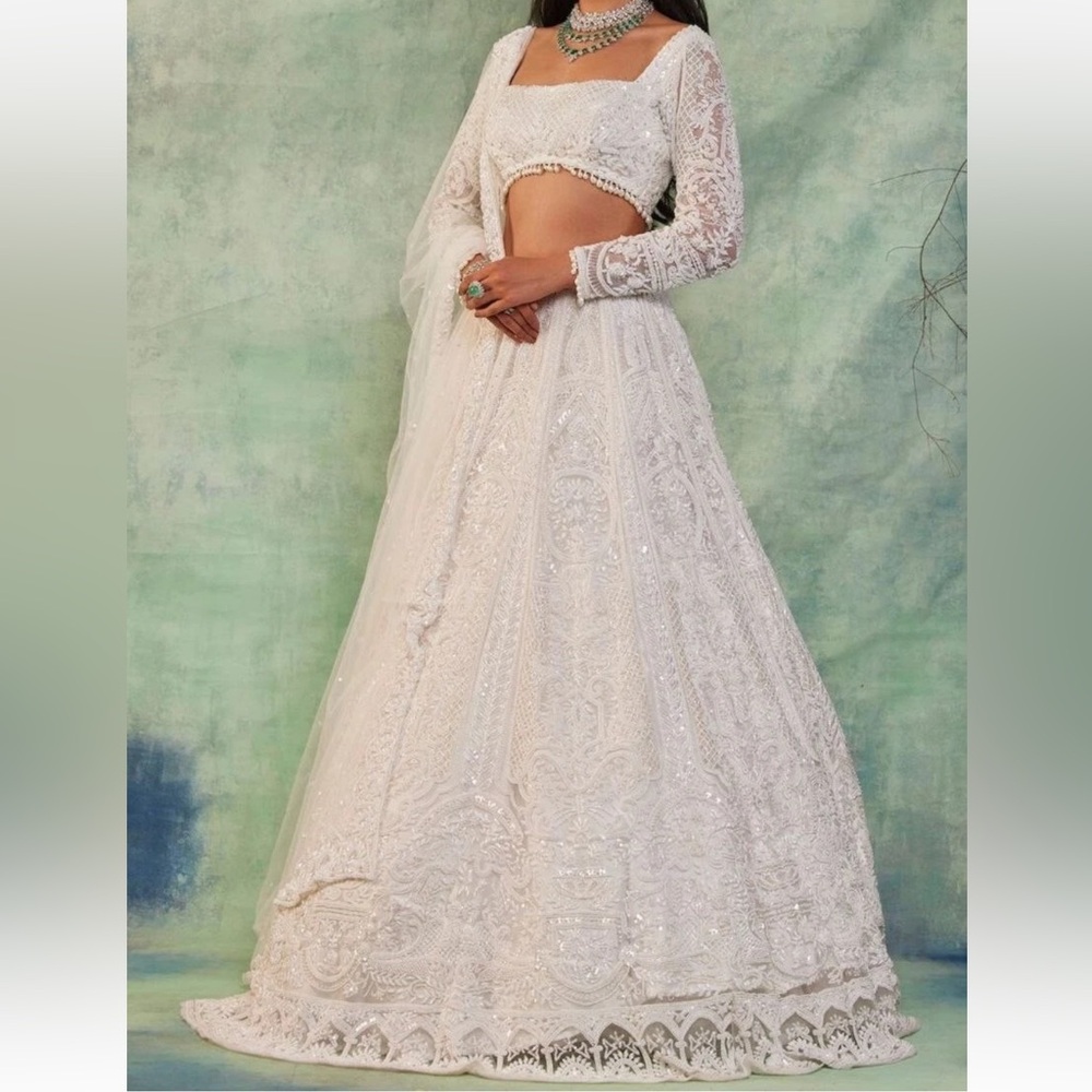 House of Indya Off White Premium sequined thread Embroidered butterfly Lehenga